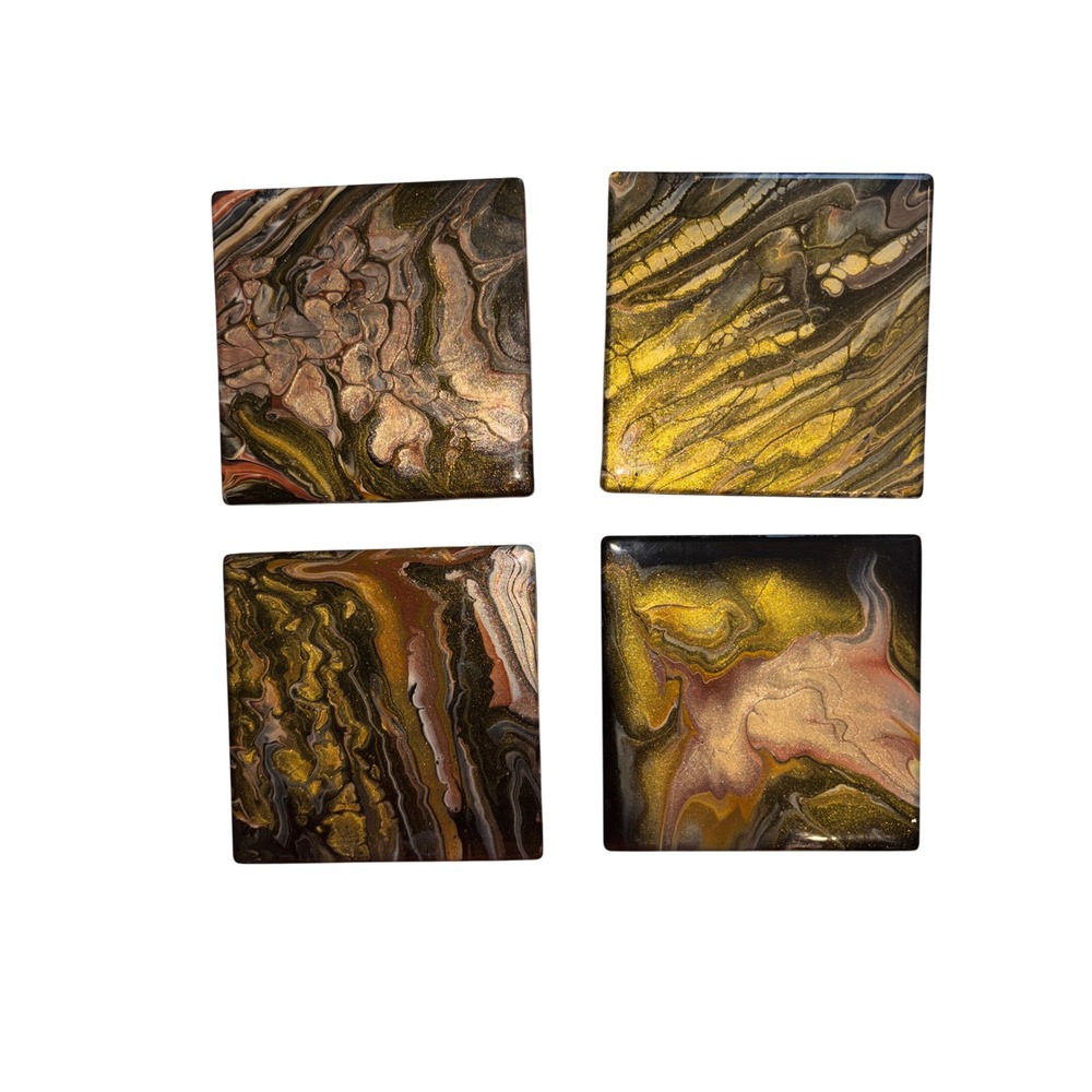 Coaster Set Unisex 4in Gold Black  Fluid Art Resin 4pc